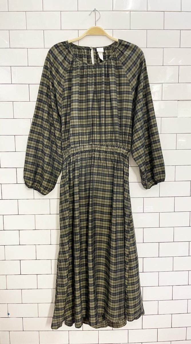 h&m open back plaid balloon sleeve midi dress - good market thrift store