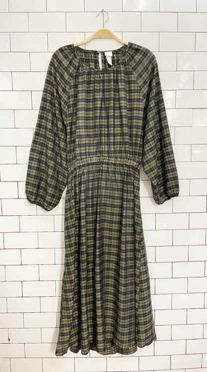 h&m open back plaid balloon sleeve midi dress - good market thrift store