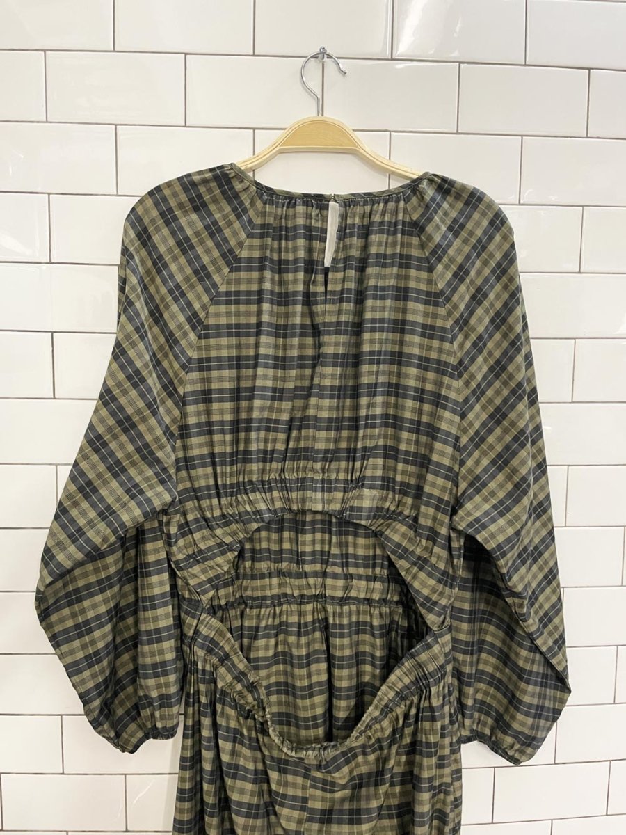 h&m open back plaid balloon sleeve midi dress - good market thrift store