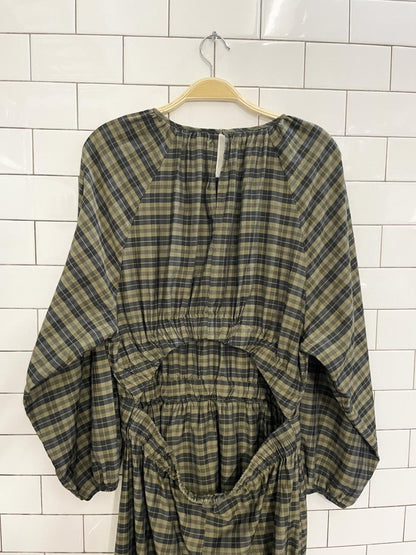 h&m open back plaid balloon sleeve midi dress - good market thrift store