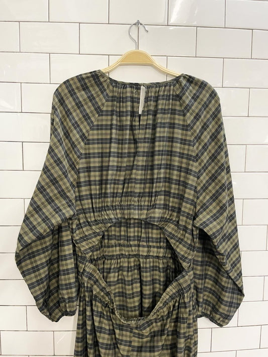 h&m open back plaid balloon sleeve midi dress - good market thrift store