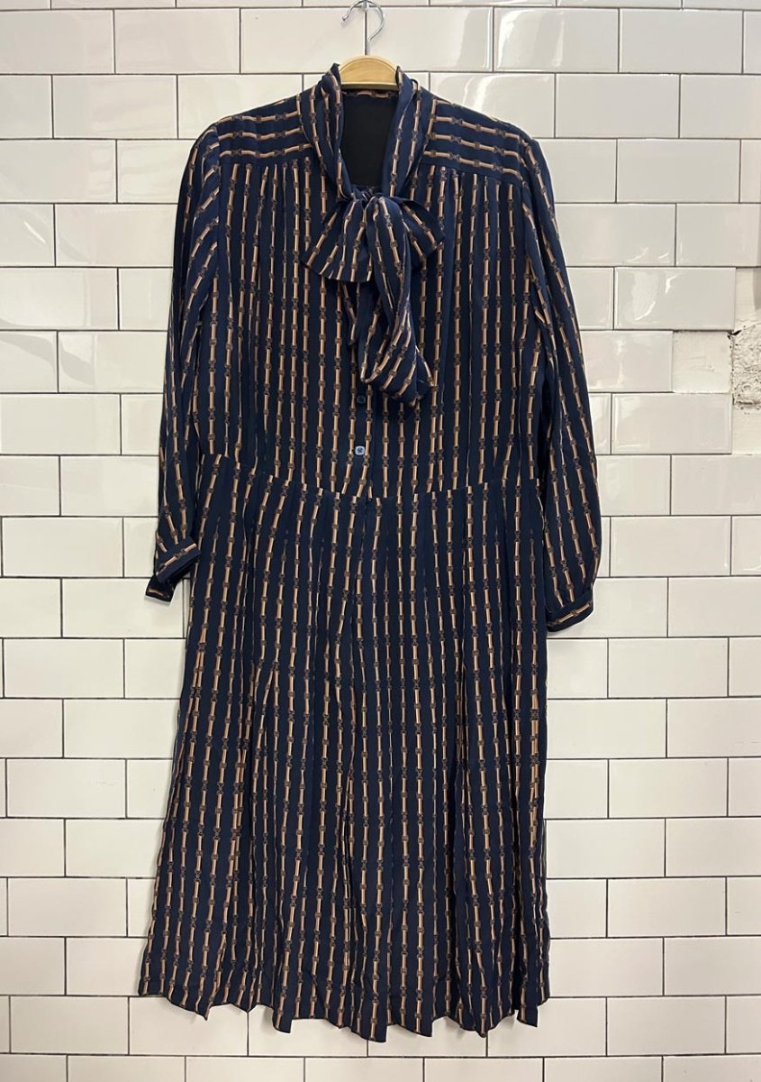 vintage harness print neck tie midi shirt dress - good market thrift store