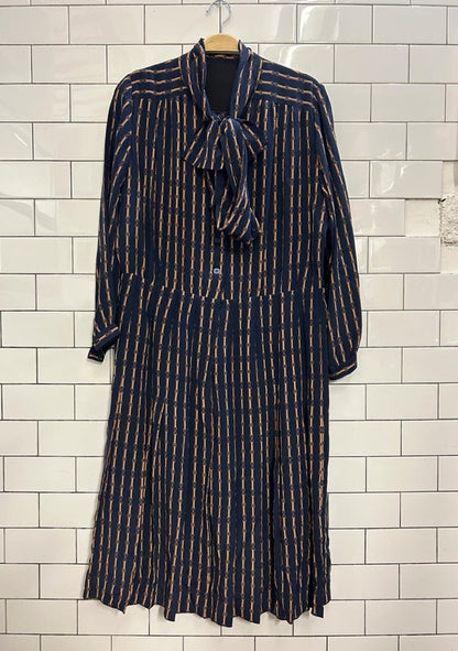 vintage harness print neck tie midi shirt dress - good market thrift store