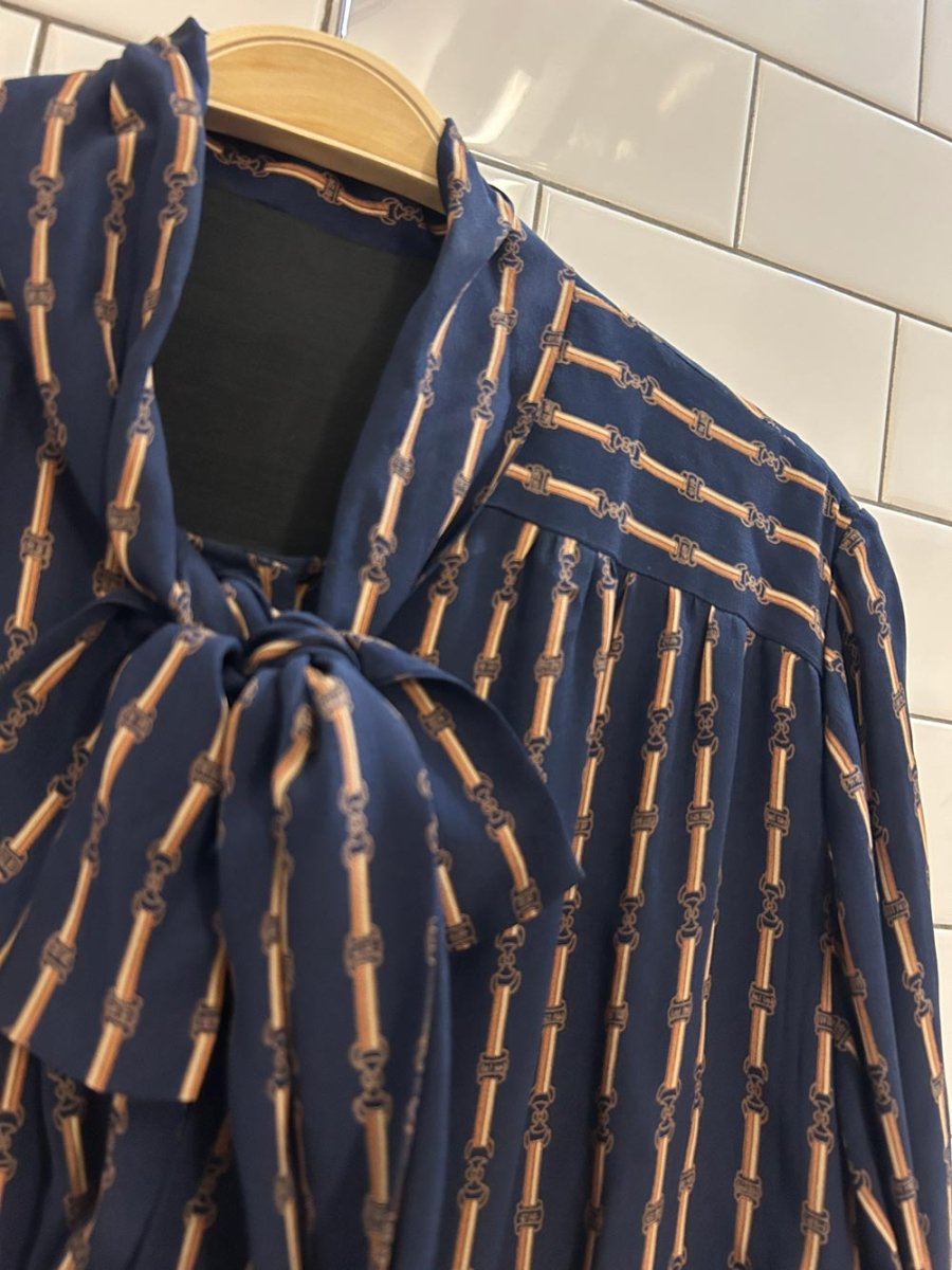 vintage harness print neck tie midi shirt dress - good market thrift store