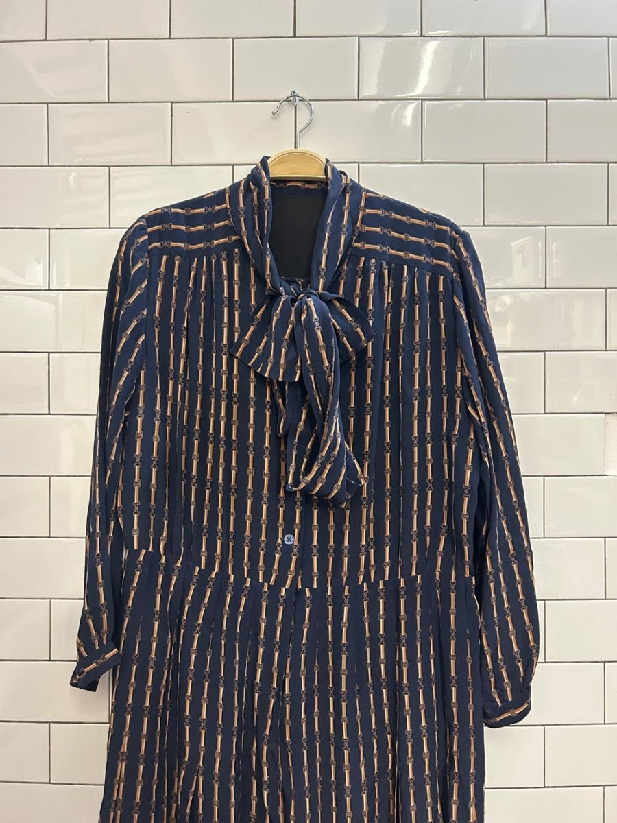 vintage harness print neck tie midi shirt dress - good market thrift store
