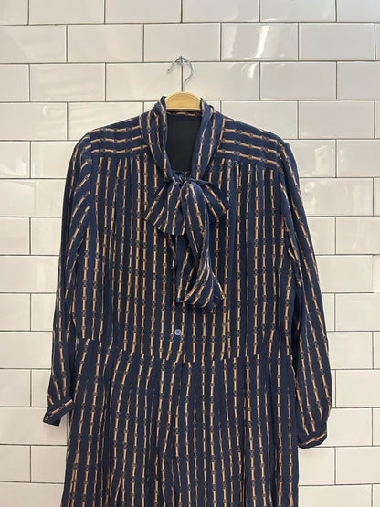 vintage harness print neck tie midi shirt dress - good market thrift store