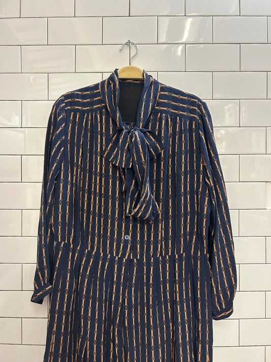 vintage harness print neck tie midi shirt dress - good market thrift store