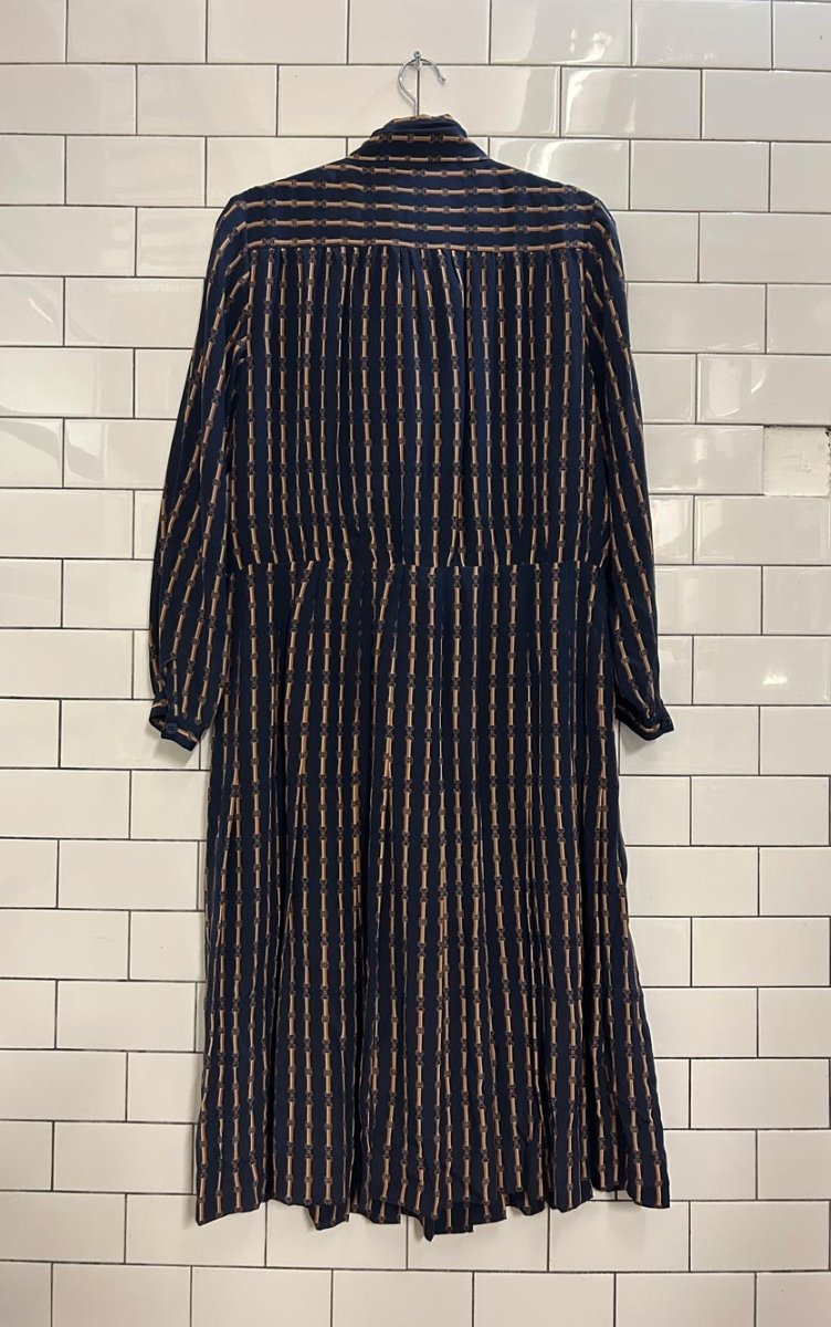 vintage harness print neck tie midi shirt dress - good market thrift store
