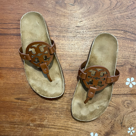 tory burch monogram leather miller sandals - size 5.5
