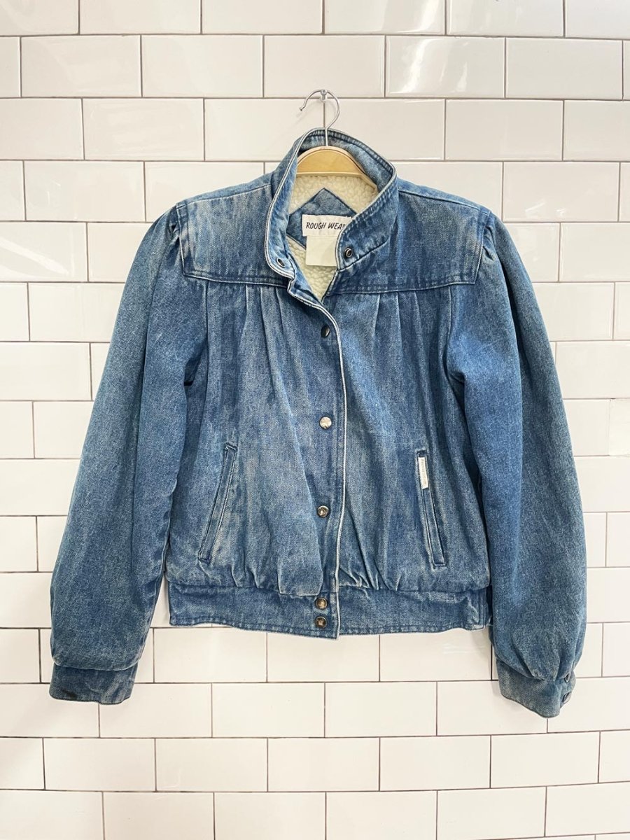 vintage 80s roughwear pleated shoulder sherpa denim jacket - good market thrift store