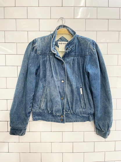 vintage 80s roughwear pleated shoulder sherpa denim jacket - good market thrift store