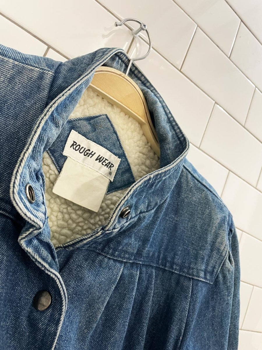 vintage 80s roughwear pleated shoulder sherpa denim jacket - good market thrift store