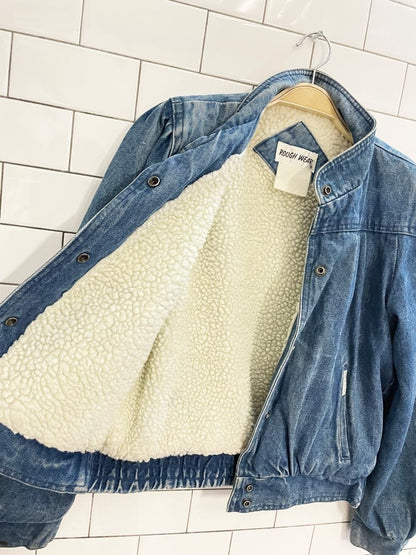 vintage 80s roughwear pleated shoulder sherpa denim jacket - good market thrift store
