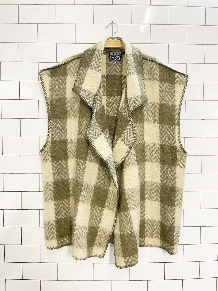 vintage linda lundstrom mohair plaid blanket stitch open vest - good market thrift store