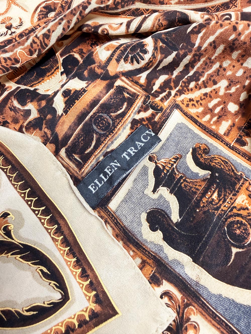 vintage ellen tracy 100% silk gold painted xl square scarf