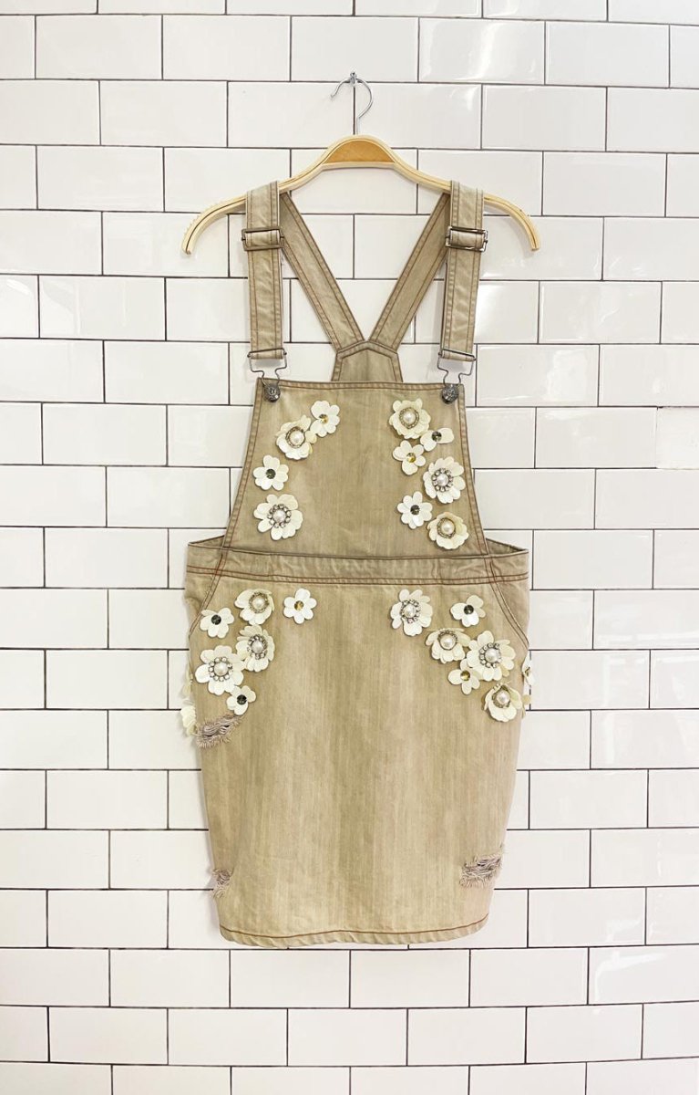 embellished flowers denim overall jumper - good market thrift store