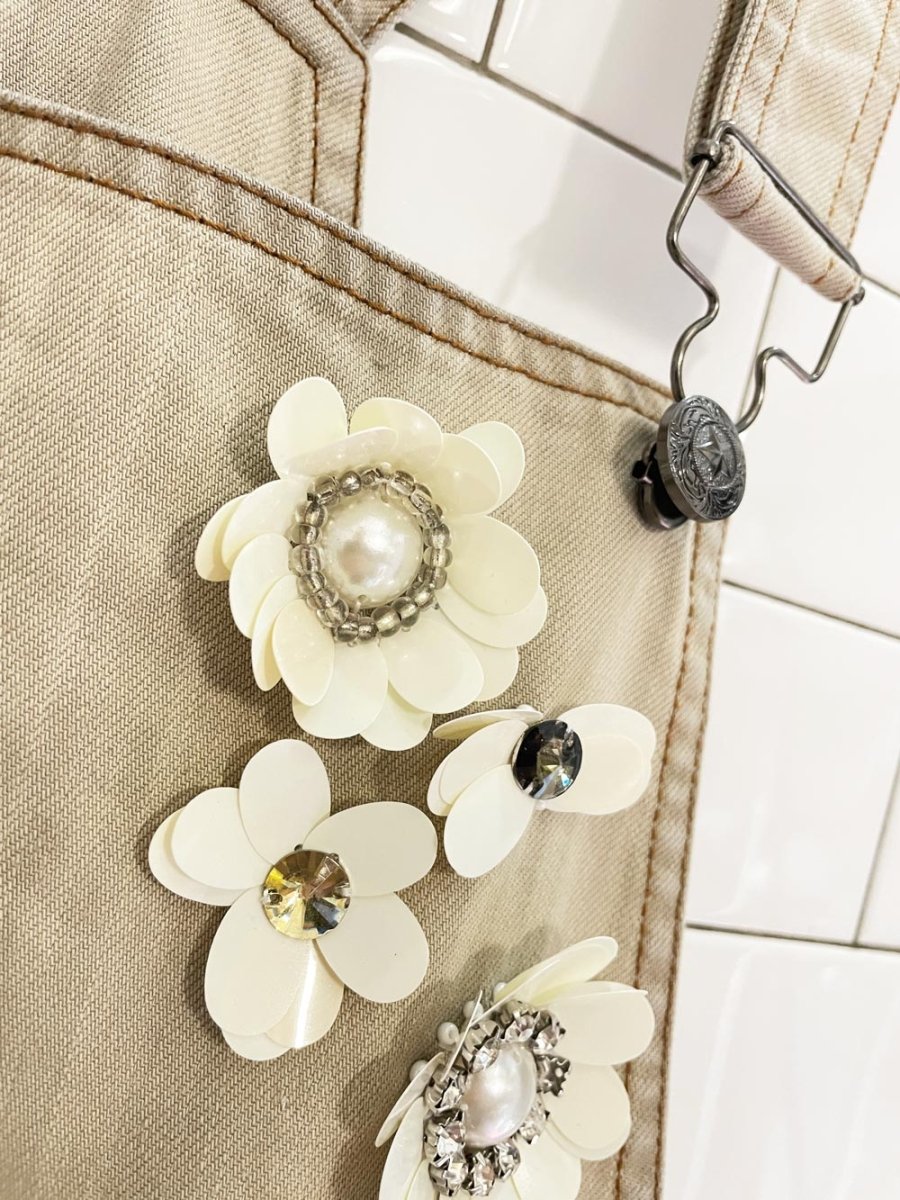 embellished flowers denim overall jumper - good market thrift store