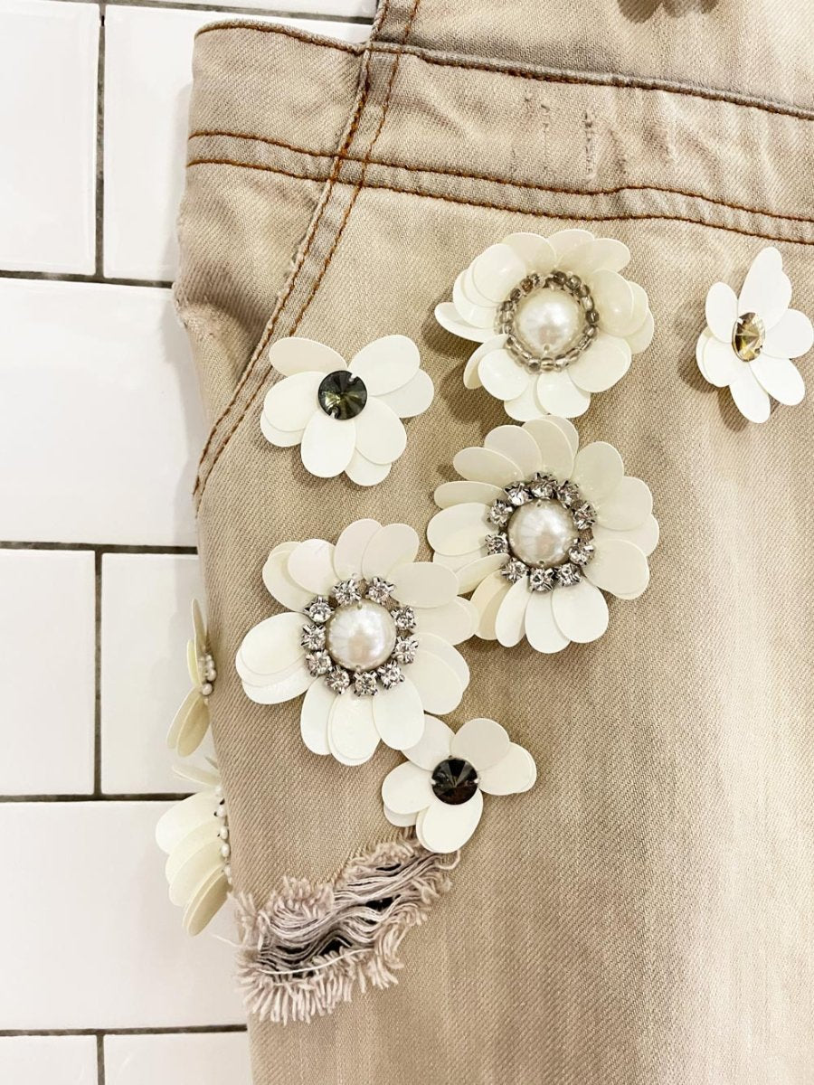 embellished flowers denim overall jumper - good market thrift store