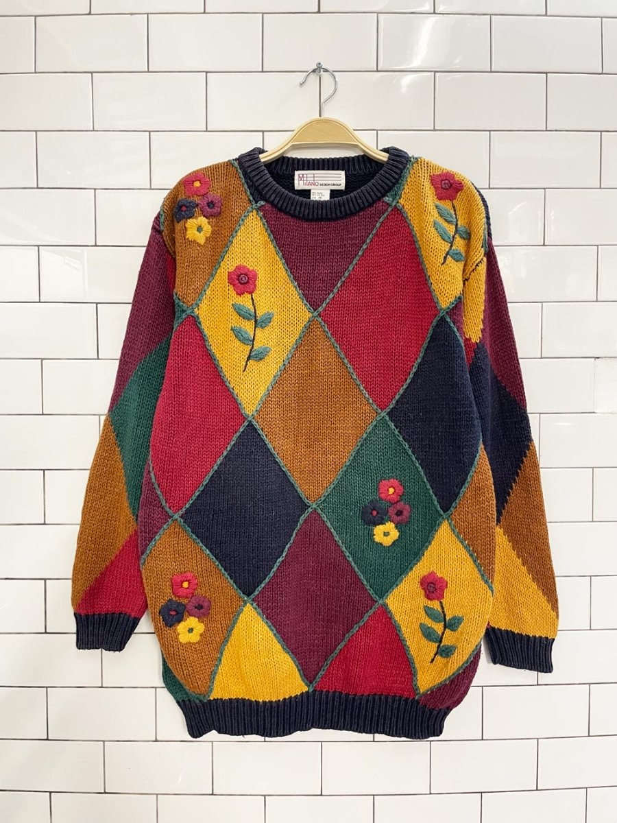 vintage 90s milano ramie - cotton argyle knit sweater - good market thrift store