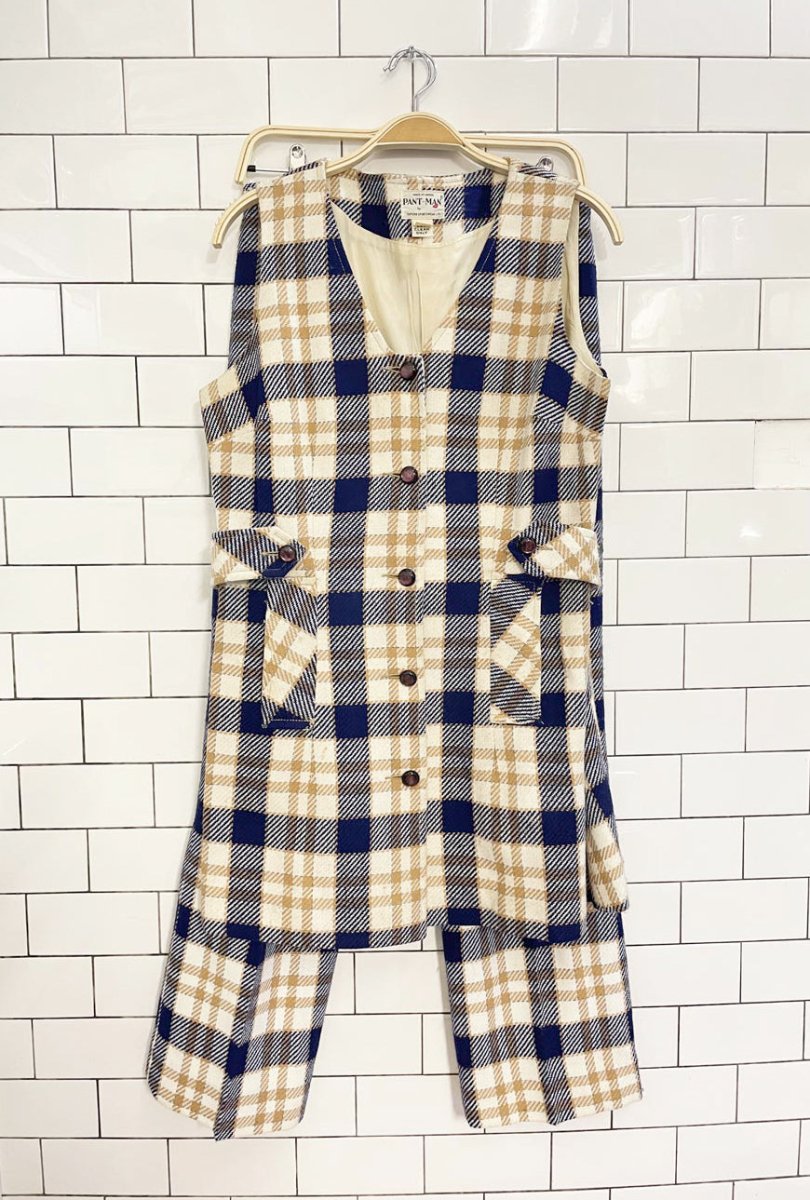 vintage 60s pant - man wool plaid sleeveless jacket and pant set - good market thrift store