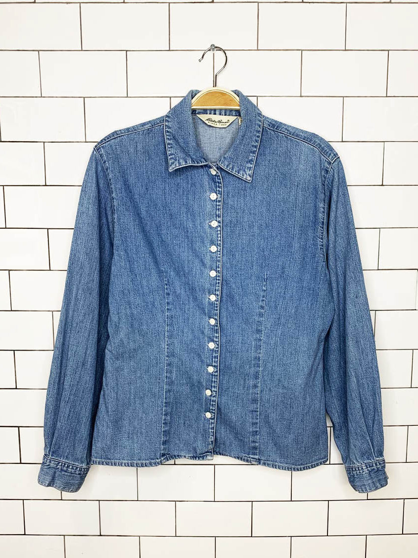 vintage 90s eddie bauer fitted full button denim shirt