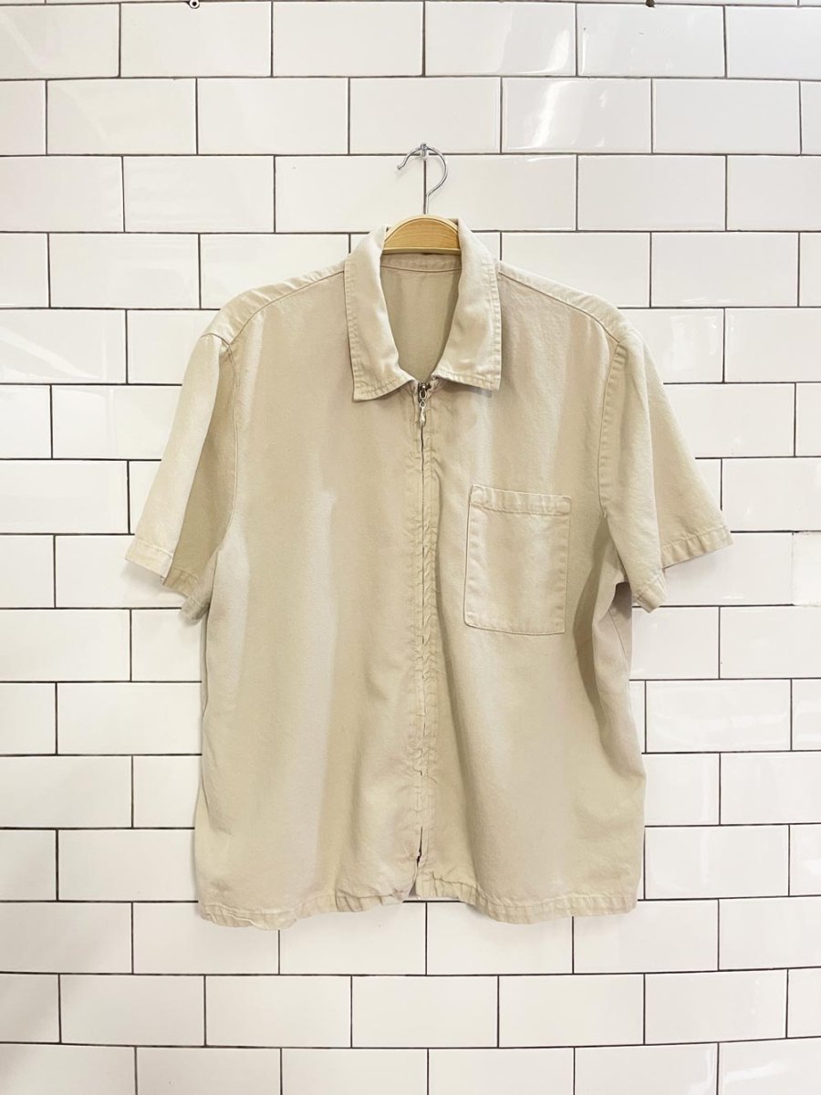 vintage 90s twill full zipper short sleeve shirt - good market thrift store