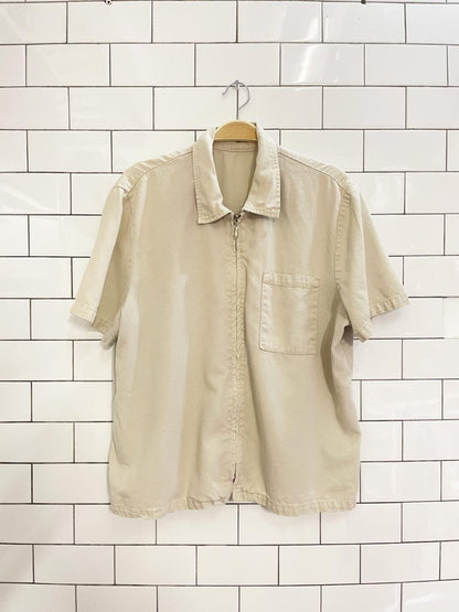 vintage 90s twill full zipper short sleeve shirt - good market thrift store
