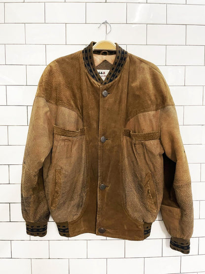 vintage 90s boulevard club suede embroidered mallard knit cuff bomber jacket - good market thrift store