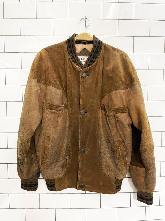vintage 90s boulevard club suede embroidered mallard knit cuff bomber jacket - good market thrift store