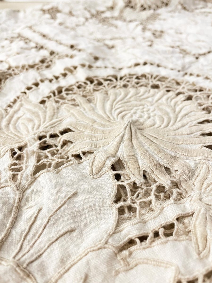 vintage embroidered lace floral tablecloth - good market thrift store