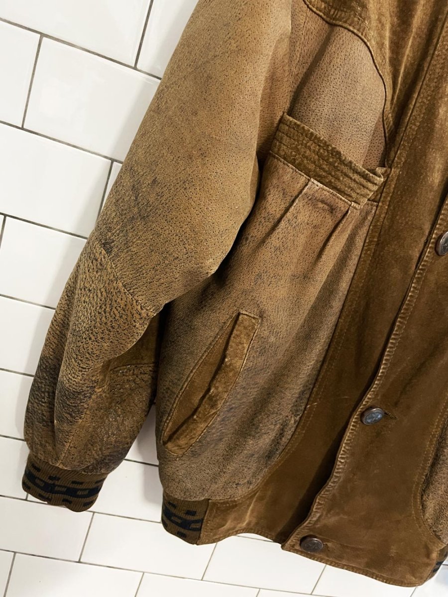 vintage 90s boulevard club suede embroidered mallard knit cuff bomber jacket - good market thrift store