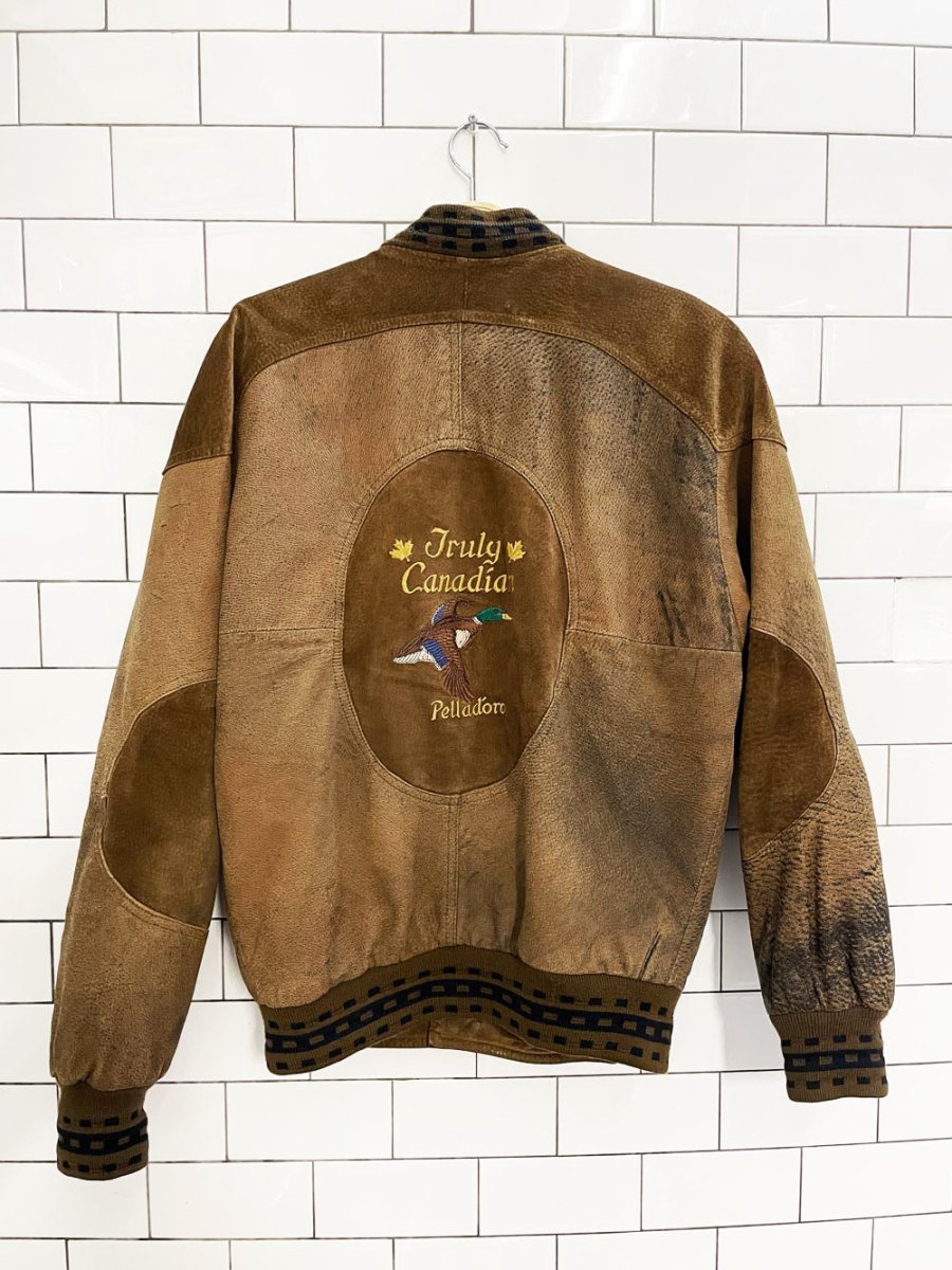 vintage 90s boulevard club suede embroidered mallard knit cuff bomber jacket - good market thrift store