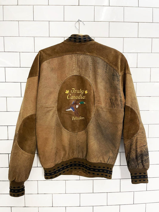 vintage 90s boulevard club suede embroidered mallard knit cuff bomber jacket - good market thrift store