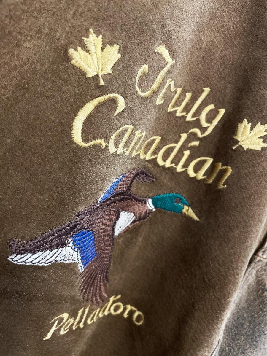 vintage 90s boulevard club suede embroidered mallard knit cuff bomber jacket - good market thrift store