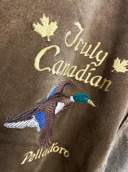 vintage 90s boulevard club suede embroidered mallard knit cuff bomber jacket - good market thrift store