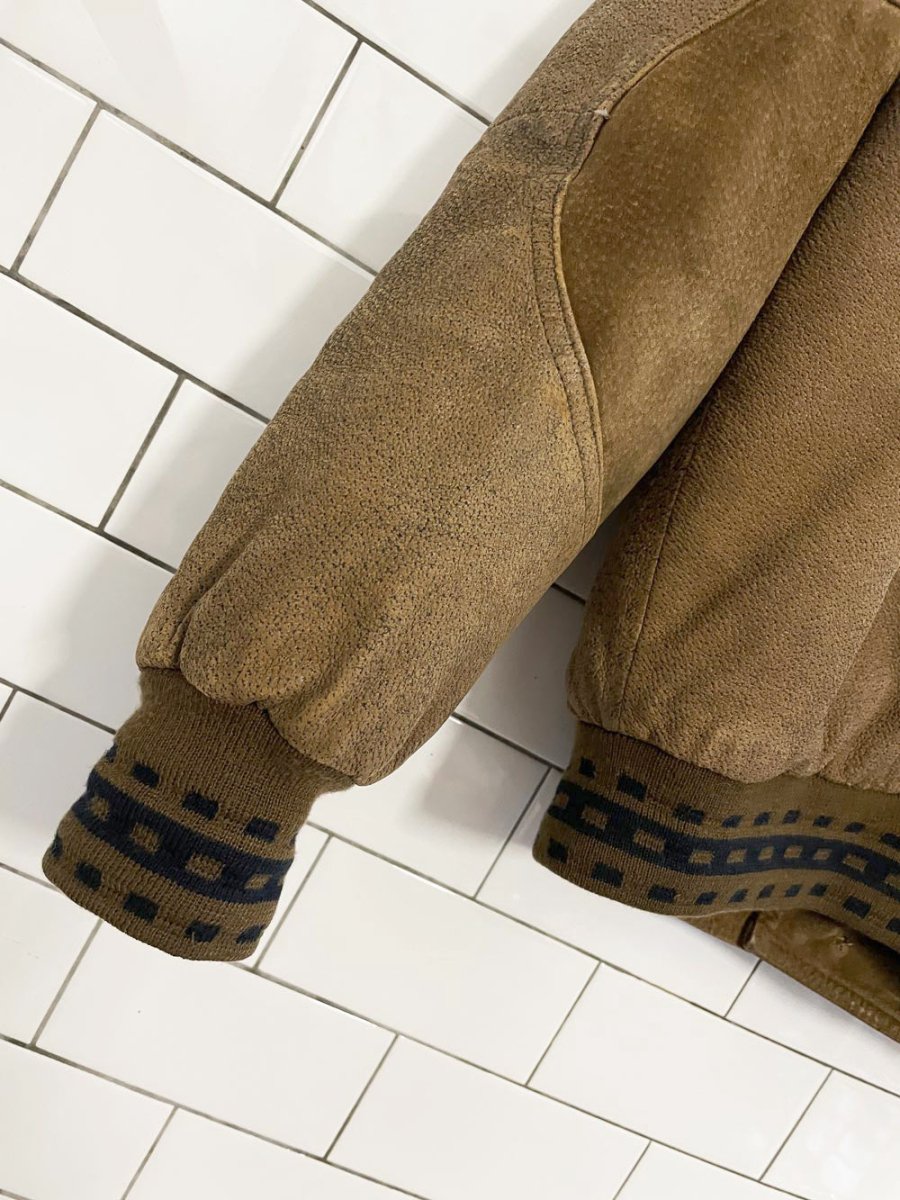 vintage 90s boulevard club suede embroidered mallard knit cuff bomber jacket - good market thrift store