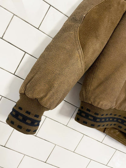 vintage 90s boulevard club suede embroidered mallard knit cuff bomber jacket - good market thrift store