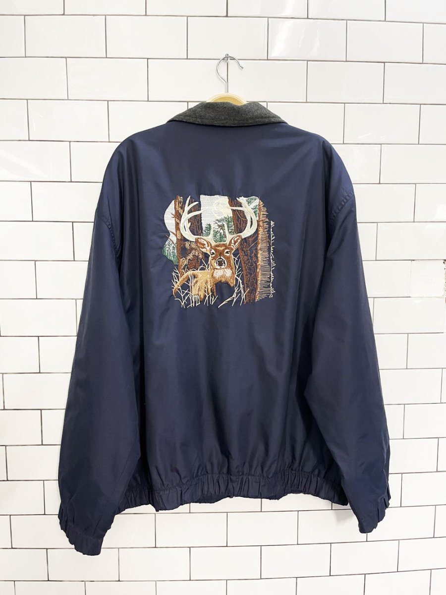vintage 00s retreat deer embroidered nylon fleece lined jacket - good market thrift store