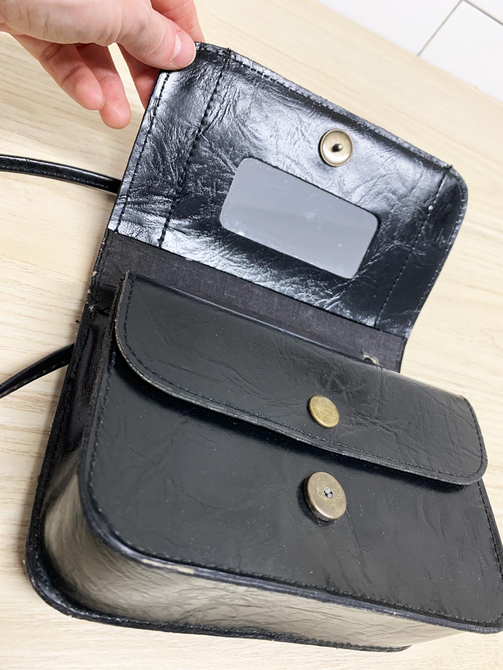 vintage vegan leather crest color block structured crossbody bag