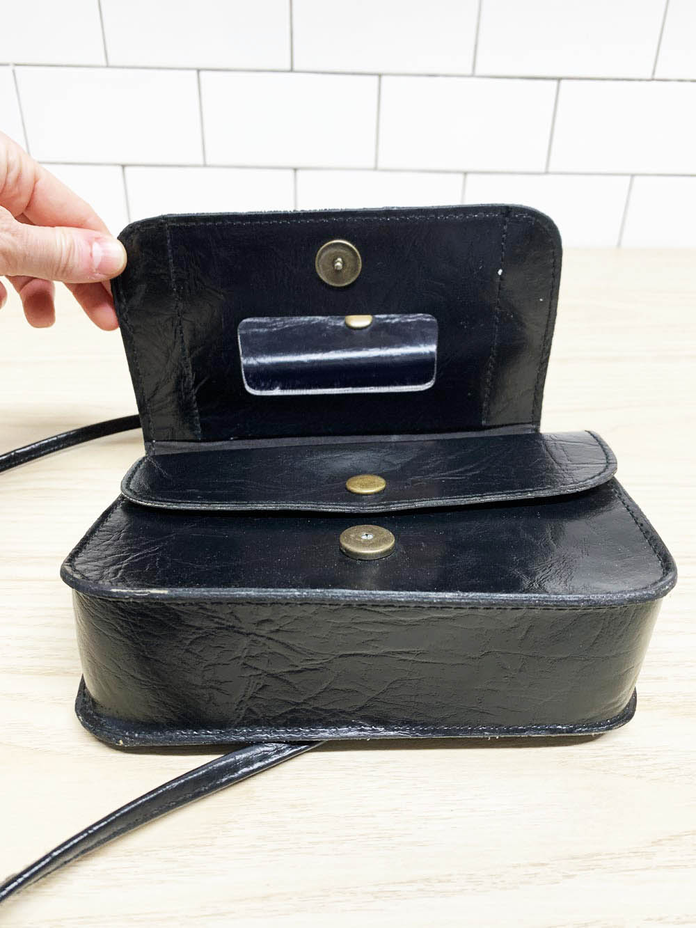 vintage vegan leather crest color block structured crossbody bag