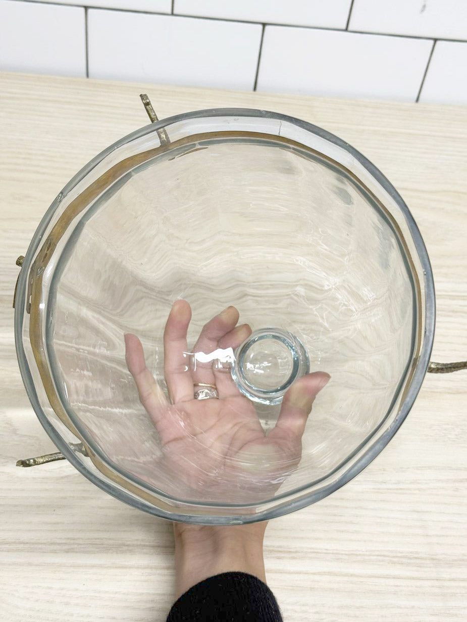 vintage engraved metal bell dome glass cloche | storm lantern