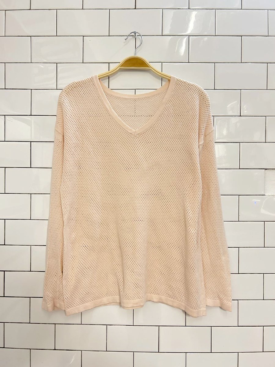 peach open knit v - neck long sleeve top - good market thrift store