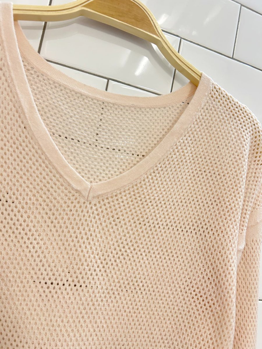 peach open knit v - neck long sleeve top - good market thrift store
