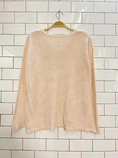 peach open knit v - neck long sleeve top - good market thrift store