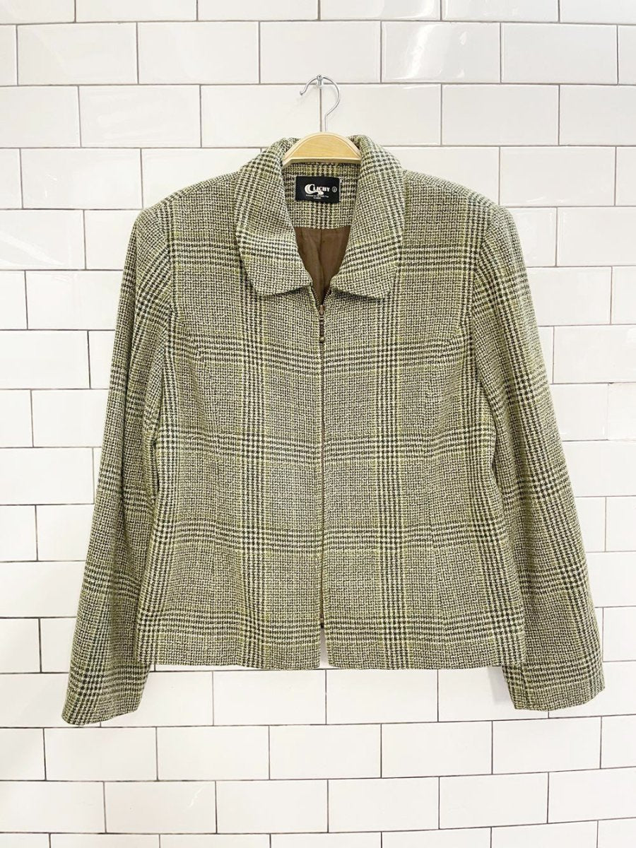 vintage clichy wool - blend houndstooth minimal zip jacket - good market thrift store