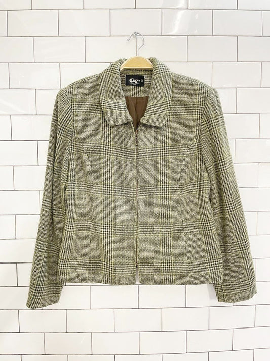 vintage clichy wool - blend houndstooth minimal zip jacket - good market thrift store
