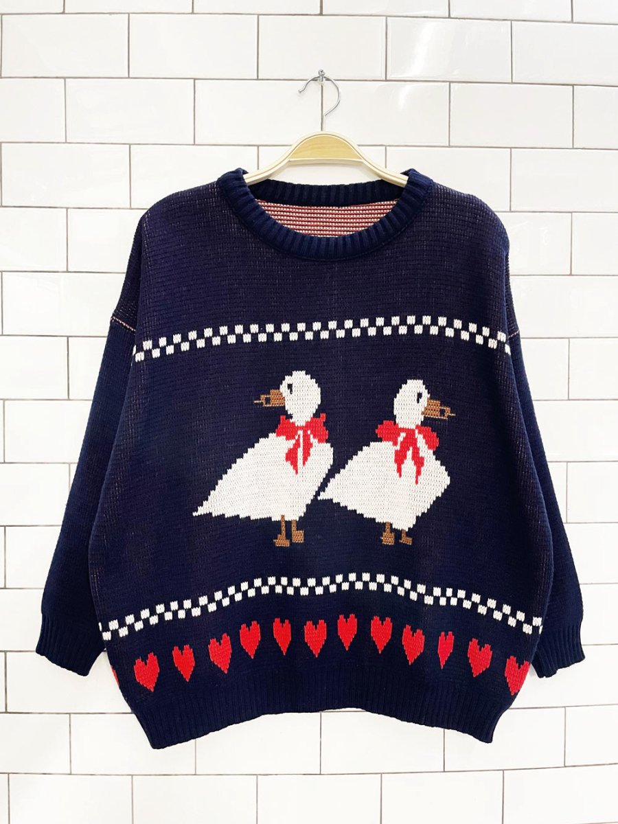 vintage white ducks + hearts knit sweater - good market thrift store