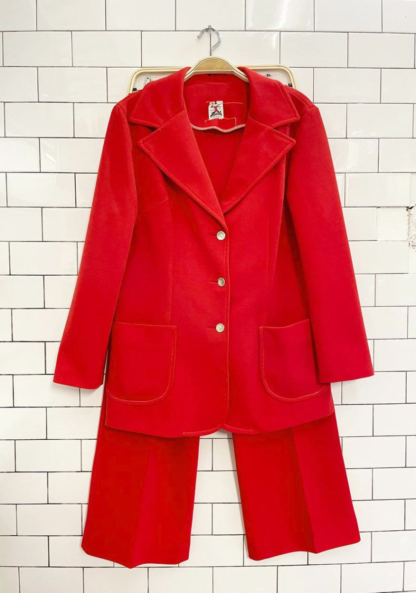 vintage 60s dell poly - knit red flare leg pant suit - good market thrift store