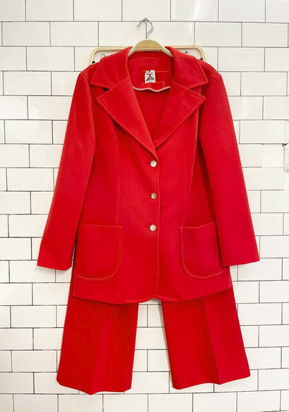 vintage 60s dell poly - knit red flare leg pant suit - good market thrift store