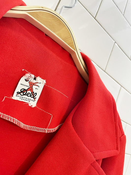 vintage 60s dell poly - knit red flare leg pant suit - good market thrift store